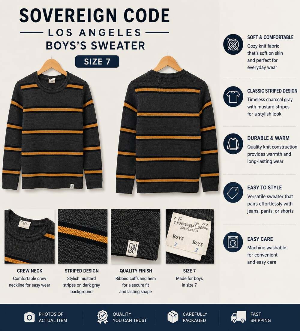Sovereign Code Los Angeles Boys Charcoal Gray and Mustard Striped Knit Crew Neck